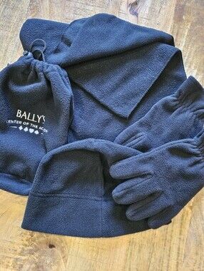 Bally's Casino Black Fleece Hat, Gloves,  Scarf, Travel Bag Set